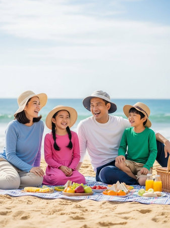 happy asian family picnicking on the beach during summer vacation