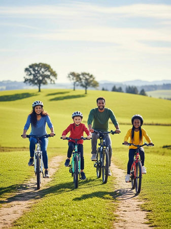 Family Riding Bicycles On Countryside Path Through Green Field.