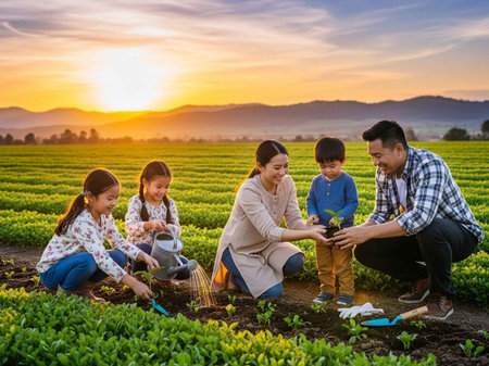 Group of farmer and his family working in the garden at sunset