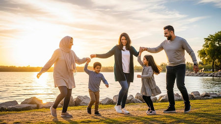 Happy family of four having fun together outdoors. Mother, father and children having fun together...
