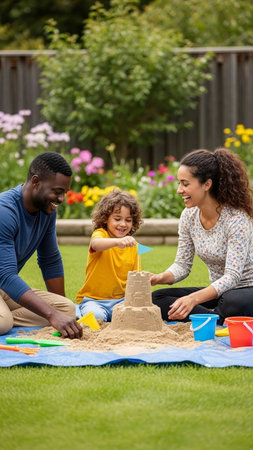 happy african american family playing with sand castle together in garden