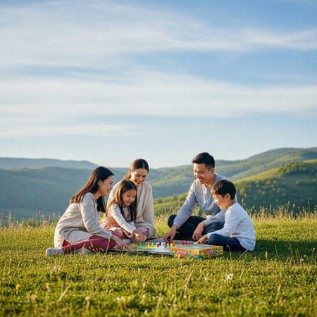 Happy family of four sitting on the grass in the mountainsの写真素材