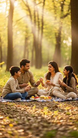 Group of friends sitting in the park and having picnic in autumn seasonの写真素材