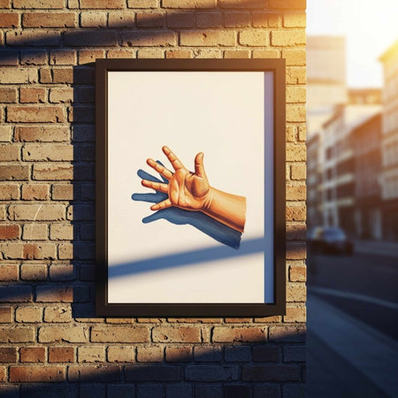 Hand in frame on brick wall background. Mock up, 3D Rendering