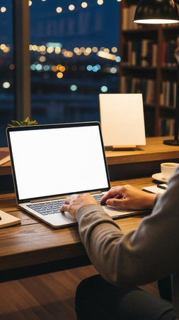 Cropped image of businesswoman using laptop with blank screen while sitting in cafeの写真素材
