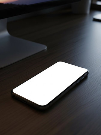 Smartphone with blank screen on office desk. Mockup for design