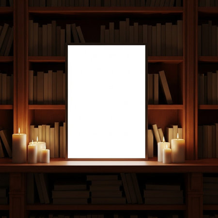 Bookshelf with blank poster and candles, 3d render illustration