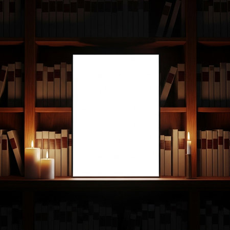 Bookshelf with books and a blank white frame. 3d rendering