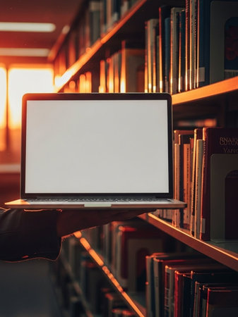 Hand holding laptop with blank screen and bookshelf in library.の写真素材