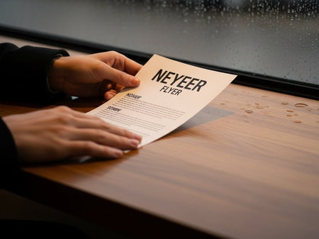 Person reading a flyer in a restaurant with rain drops on the table