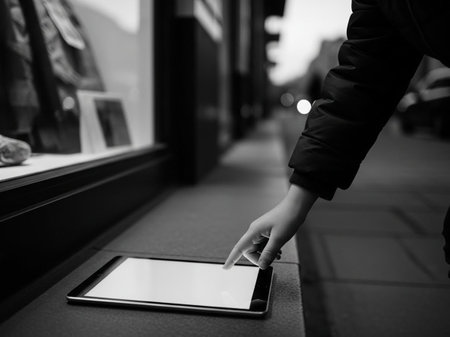 Woman using digital tablet in the street. Black and white photo.