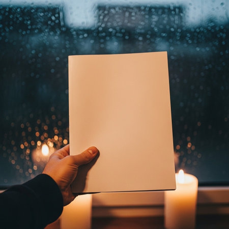 Man's hand holding a blank paper sheet on the background of the window