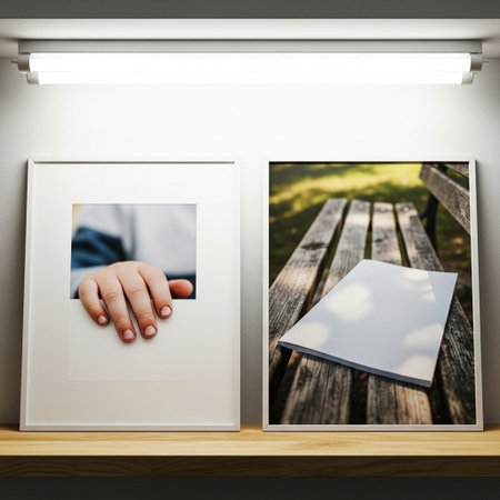 Hand holding a picture frame on a wooden shelf in a room.