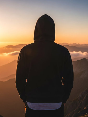 Silhouette of a man standing on top of the mountain and looking at the sunrise