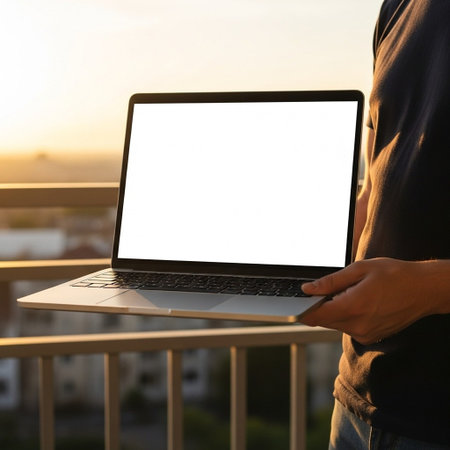 Man using laptop with blank screen on balcony at sunset, closeup