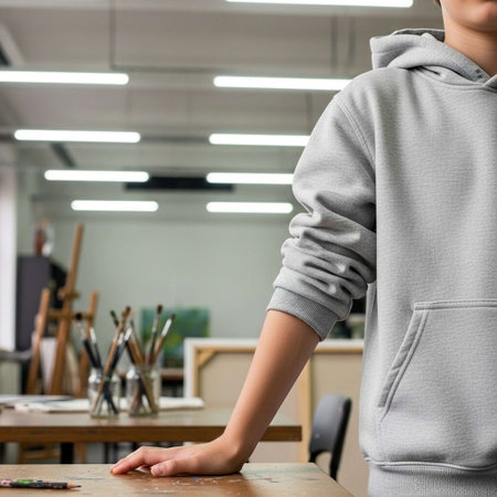 Close up of a girl in a gray hoodie sitting at a table in a workshopの写真素材