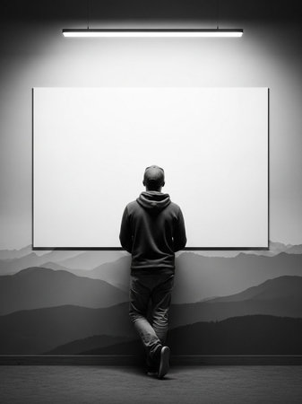 Man looking at a blank billboard on a wall in a gallery.の写真素材