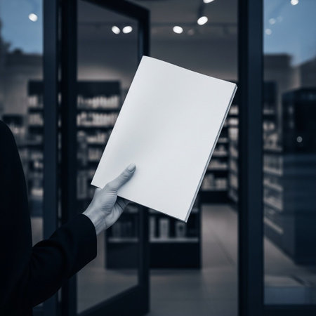 Close up of businesswoman holding blank paper in library. Mock upの写真素材
