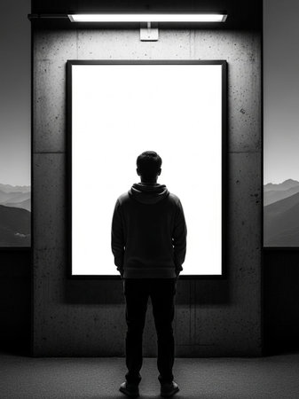 Man looking at a blank billboard in a subway station. 3D renderingの写真素材