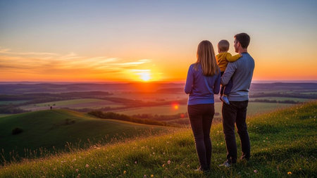 Happy family of three standing on top of a mountain and watching the sunsetの写真素材
