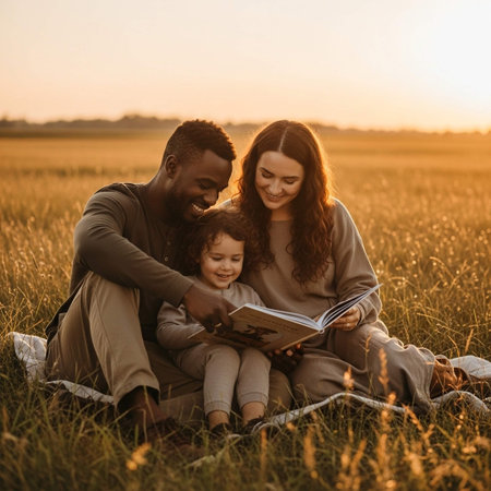 Happy family reading a book while sitting in the field at sunset.の写真素材