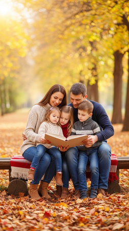 family, childhood, season and people concept - happy family reading book in autumn parkの写真素材