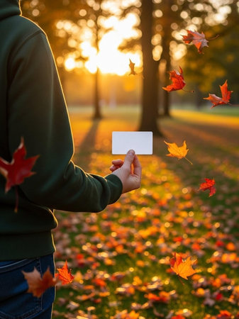 Woman holding a blank business card in the autumn park with maple leavesの写真素材