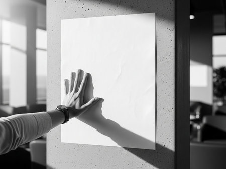 Woman hand holding blank paper on the wall. Black and white.の写真素材