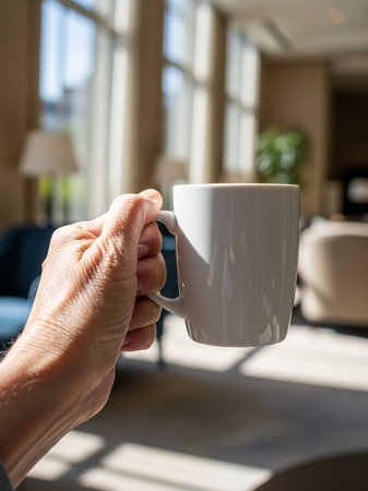 Hand holding a cup of coffee.の写真素材