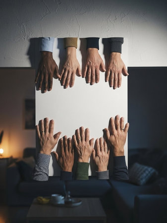 Group of diverse hands holding a white sheet of paper in the roomの写真素材