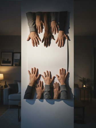 Hands of business people holding blank poster with copy space in officeの写真素材