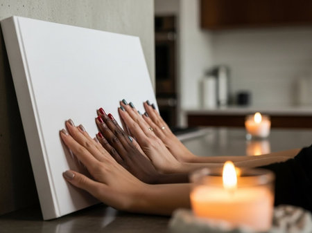 Female hands with beautiful manicure using laptop at home, closeupの写真素材
