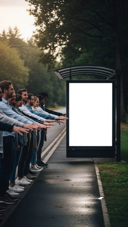 Group of young people standing at bus stop and looking at blank billboardの写真素材