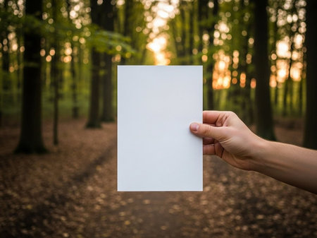 Mockup of blank paper sheet in hand with forest background.の写真素材