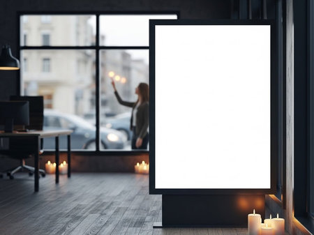 Blank white poster in modern cafe interior. Mock up, 3D Renderingの写真素材