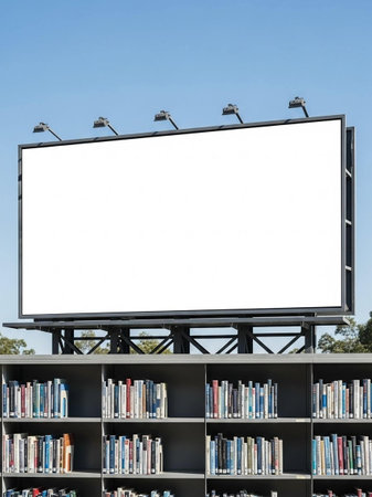 Blank billboard on the wall with bookshelf in the backgroundの写真素材
