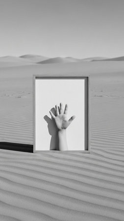 Hands of a man in a white frame in the desert.の写真素材