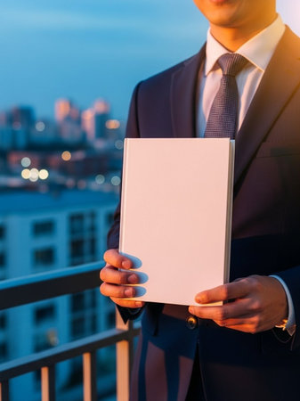 Businessman holding a book on the balcony with cityscape background.の写真素材
