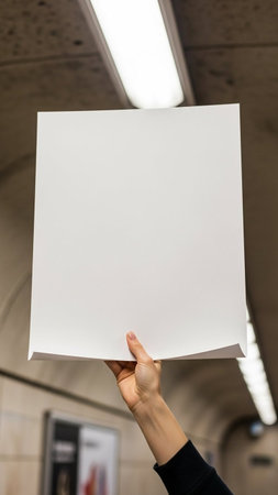 Mockup of blank sheet of paper in hand of a womanの写真素材