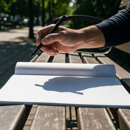 partial view of man writing in notebook while sitting on bench in parkの写真素材