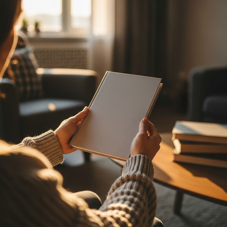 Close up of a woman reading a book in her living room at homeの写真素材