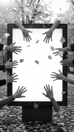 Hands of people holding a blank billboard in the autumn park.の写真素材