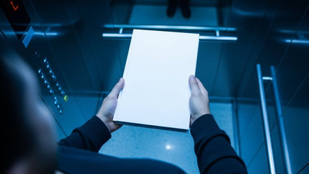 Businesswoman holding a blank sheet of paper against elevator door in blueの写真素材