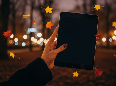 Woman's hand holding tablet pc with blank screen in autumn park at nightの写真素材
