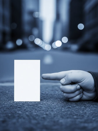 Hand pointing at a blank business card on the street in the cityの写真素材