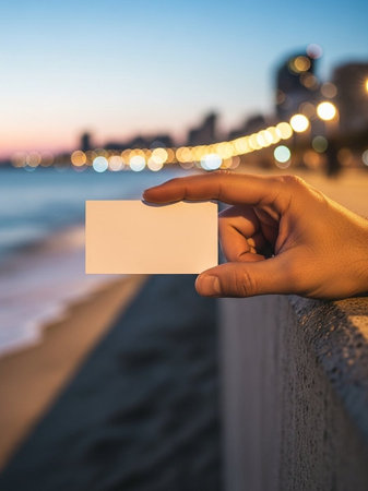 Hand holding blank business card on the beach in the evening. Selective focus.の写真素材