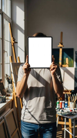 young artist holding digital tablet with blank screen in art studio, mockupの写真素材