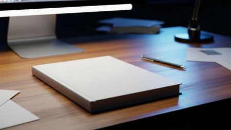 Close up of a desk with a computer and a notebook on itの写真素材