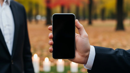 Businessman showing smartphone with blank screen on blurred background of autumn parkの写真素材