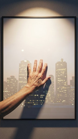 Man's hand reaching out against view of city through windowの写真素材